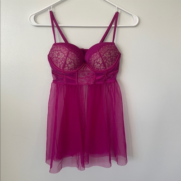 Victoria’s Secret Fuchsia Push-Up Babydoll Bustier Tulle Lingerie - Picture 3 of 9
